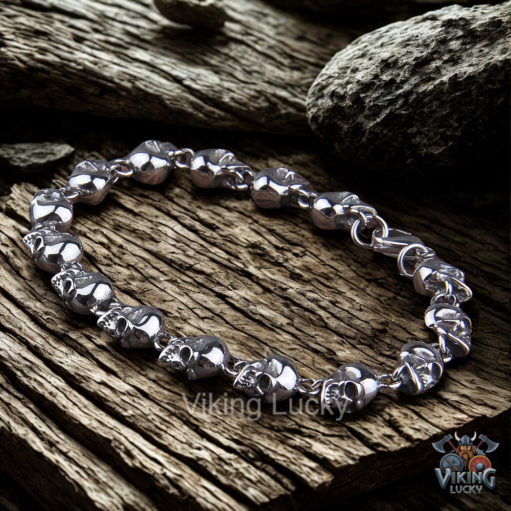 Skull Viking Bracelet Gothic Punk Stainless SteelJewelry Silver Close Up Shot