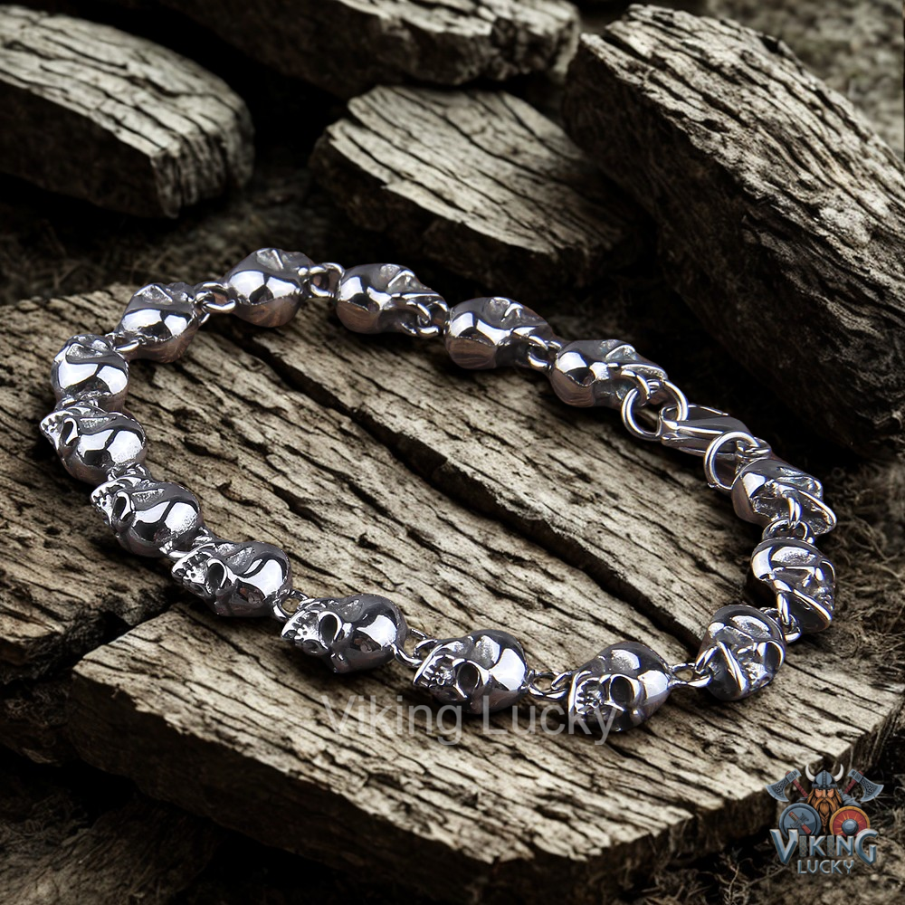 Skull Viking Bracelet Gothic Punk Stainless SteelJewelry Silver Diagonal Shot