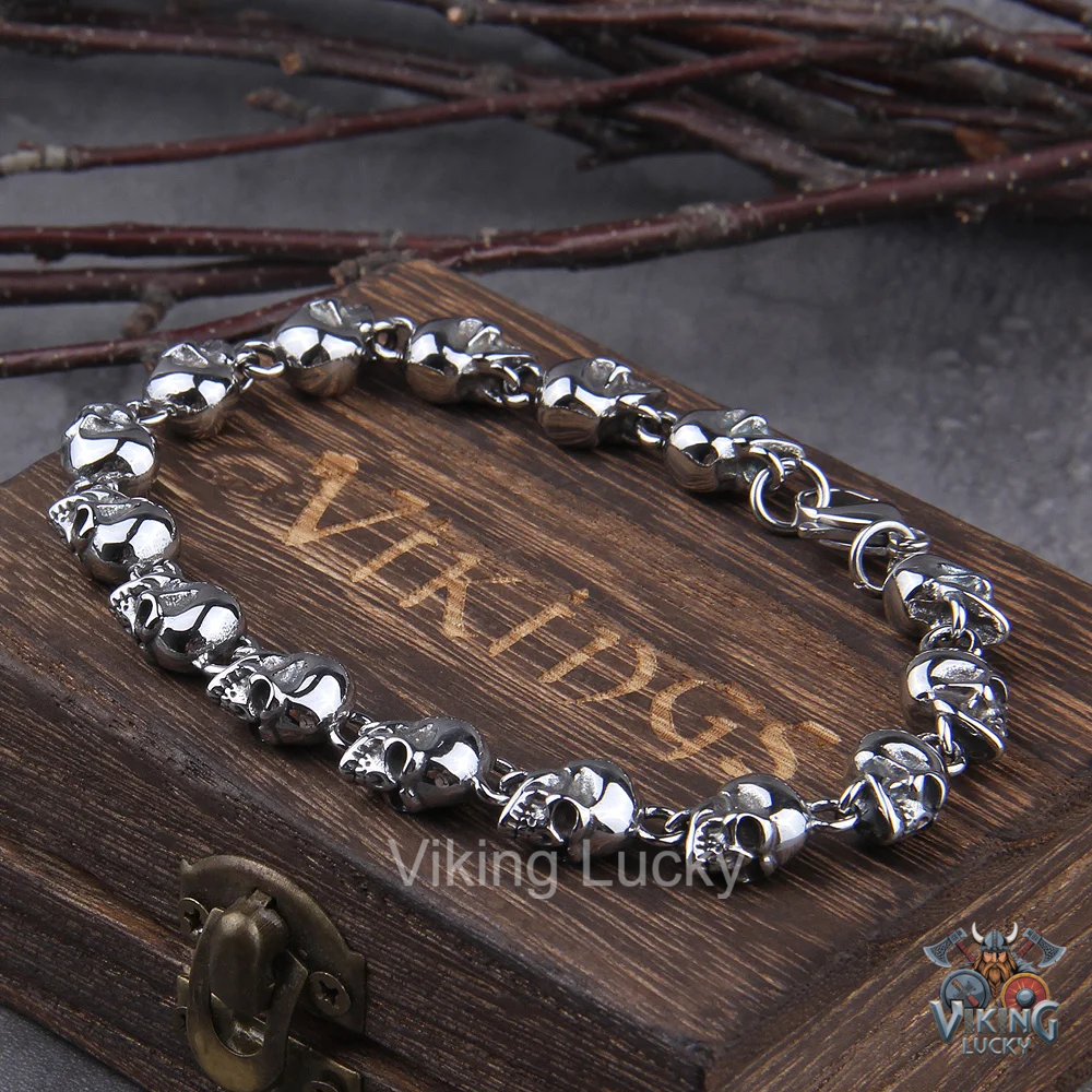 Skull Viking Bracelet Gothic Punk Stainless SteelJewelry Silver With Box