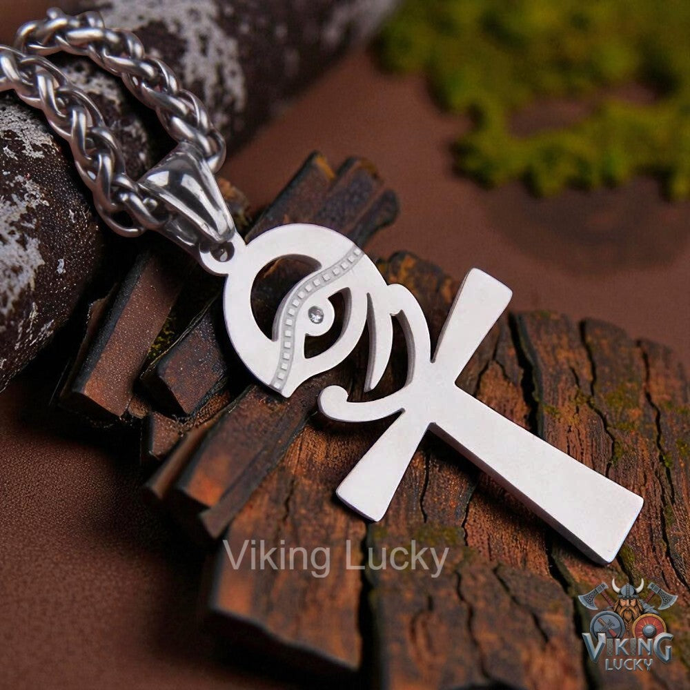 Viking Ankh Eye Necklace stainless steel Norse gothic jewelry angel side view