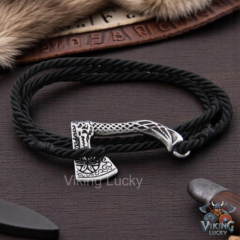 Viking Axe Leather Bracelet Vegvisir Knot Style