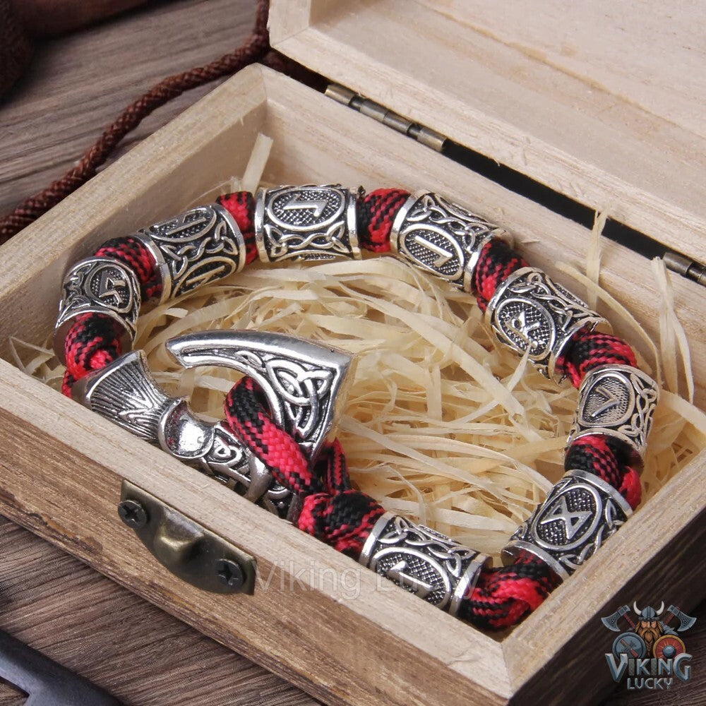 Viking Axe Paracord Bracelet with red and black woven cord and silver-tone axe pendant and runic/knotwork beads.