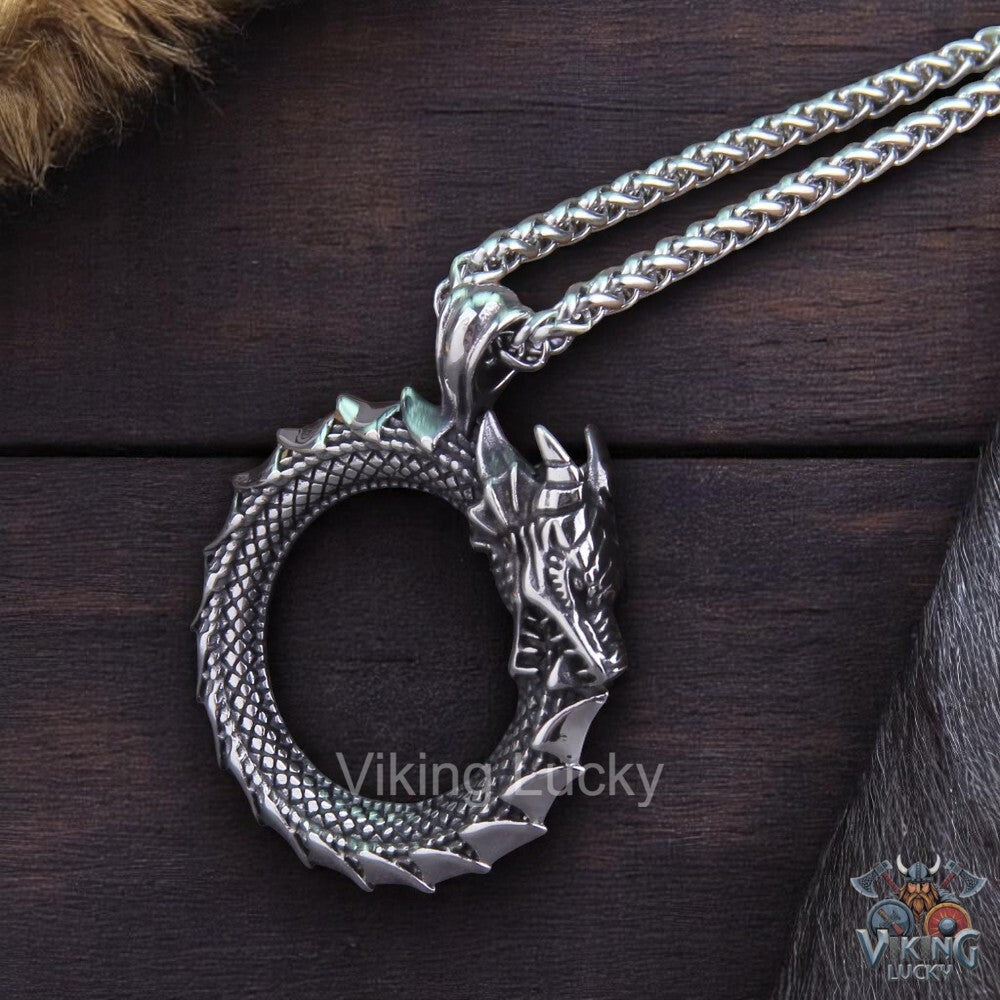 Viking Dragon Circle Pendant Necklace | Norse Stainless Steel Amulet with Close-up Shoot