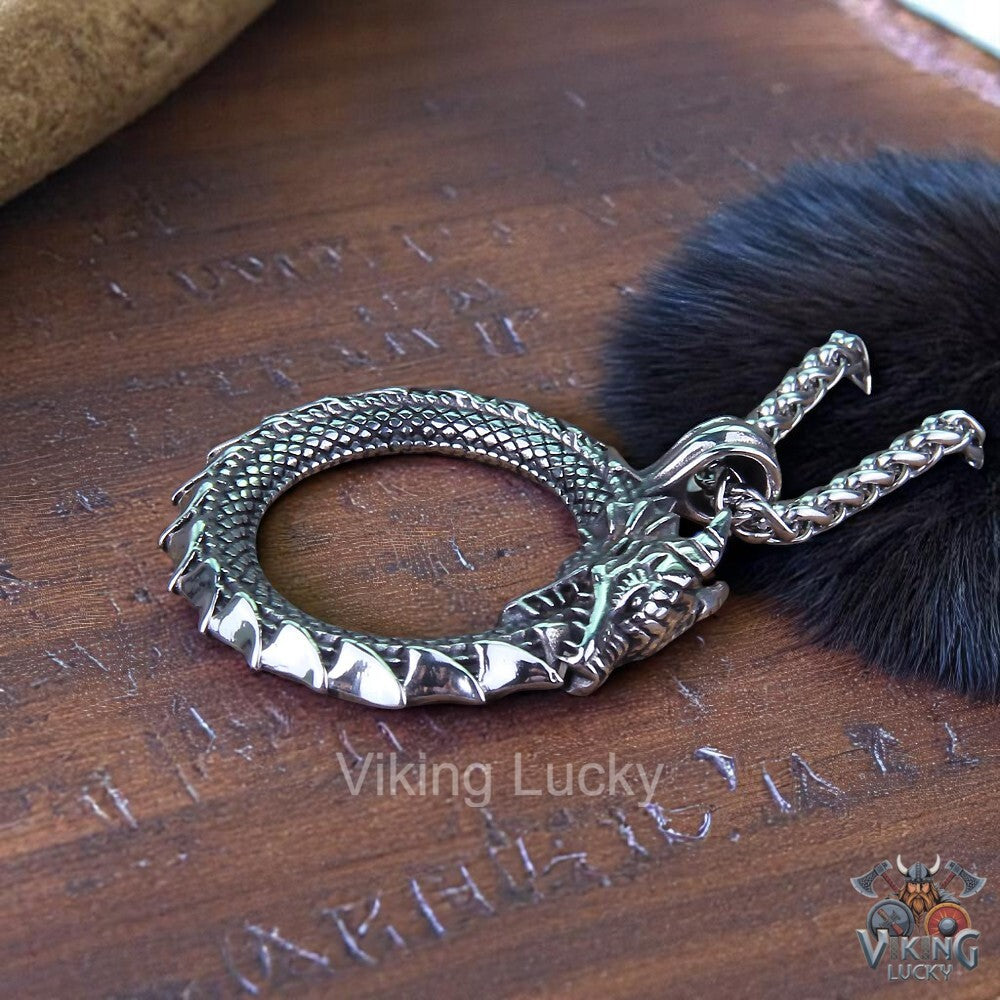Viking Dragon Circle Pendant Necklace | Norse Stainless Steel Amulet Tiled shot