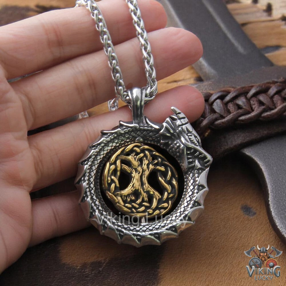 Viking Dragon Circle Pendant Necklace with Gold Tree of Life Accent Clear View