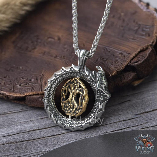 Viking Dragon Circle Pendant Necklace with Gold Tree of Life Accent Close up View