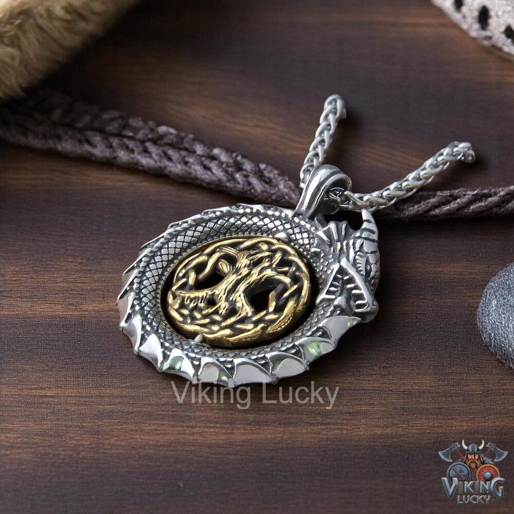 Viking Dragon Circle Pendant Necklace with Gold Tree of Life Accent Detail View