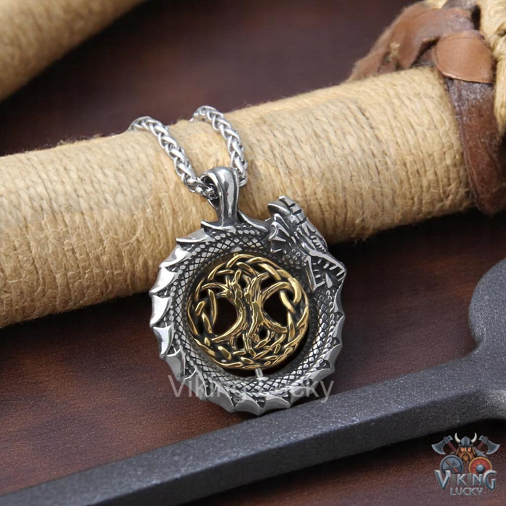 Viking Dragon Circle Pendant Necklace with Gold Tree of Life Accent Viking Lucky