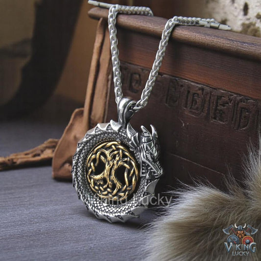 Viking Dragon Circle Pendant Necklace with Gold Tree of Life Accent tile shot