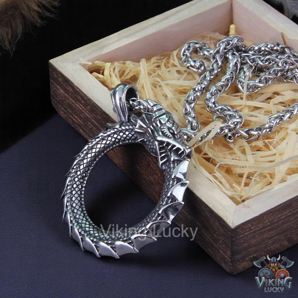 Viking Dragon Circle Pendant Necklace | Norse Stainless Steel Amulet