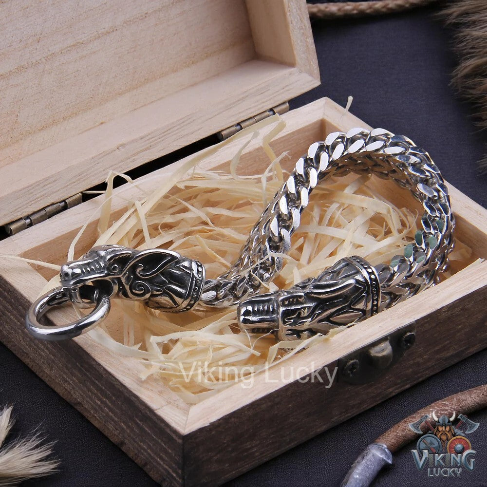 Viking Dragon Head Bracelet with Wooden Gift Box