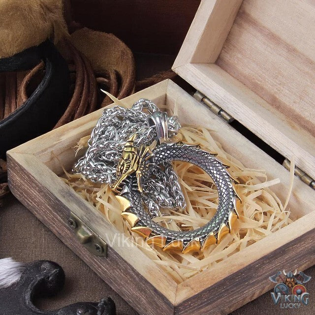 Viking Dragon Pendant with Gold Accent on Stainless Steel Chain Viking Lucky with wooden Gift Box