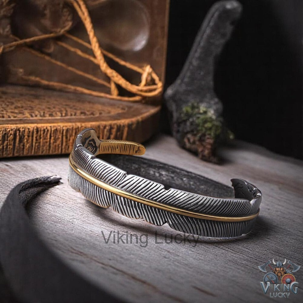 Viking Feather Cuff Bracelet in silver and gold with detailed feather engraving VikingLucky