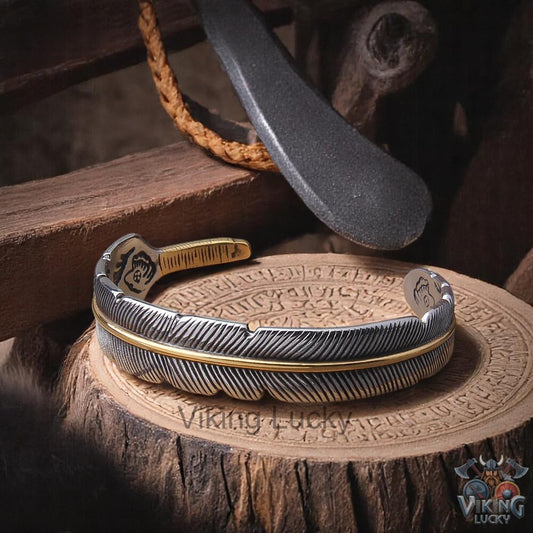 Viking Feather Cuff Bracelet in silver and gold with detailed feather engraving