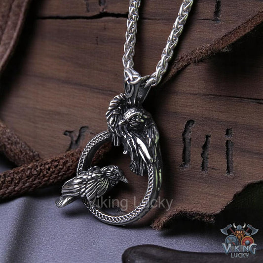Viking Huginn and Muninn Raven Pendant Necklace on stainless steel chain