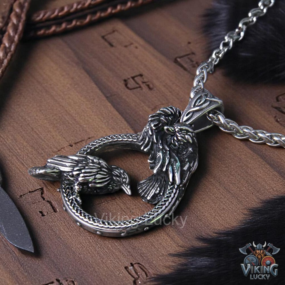 Viking Huginn and Muninn Raven Pendant Necklace on stainless steel chain close-up shot