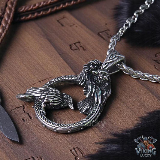 Viking Huginn and Muninn Raven Pendant Necklace on stainless steel chain close-up shot