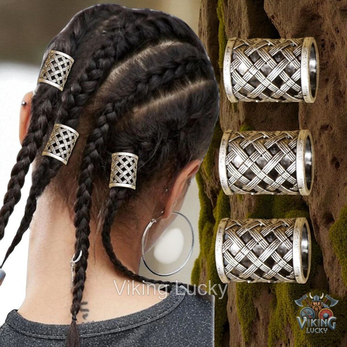 Silver hair accessories with braided hair and 'Viking Lucky' branding.