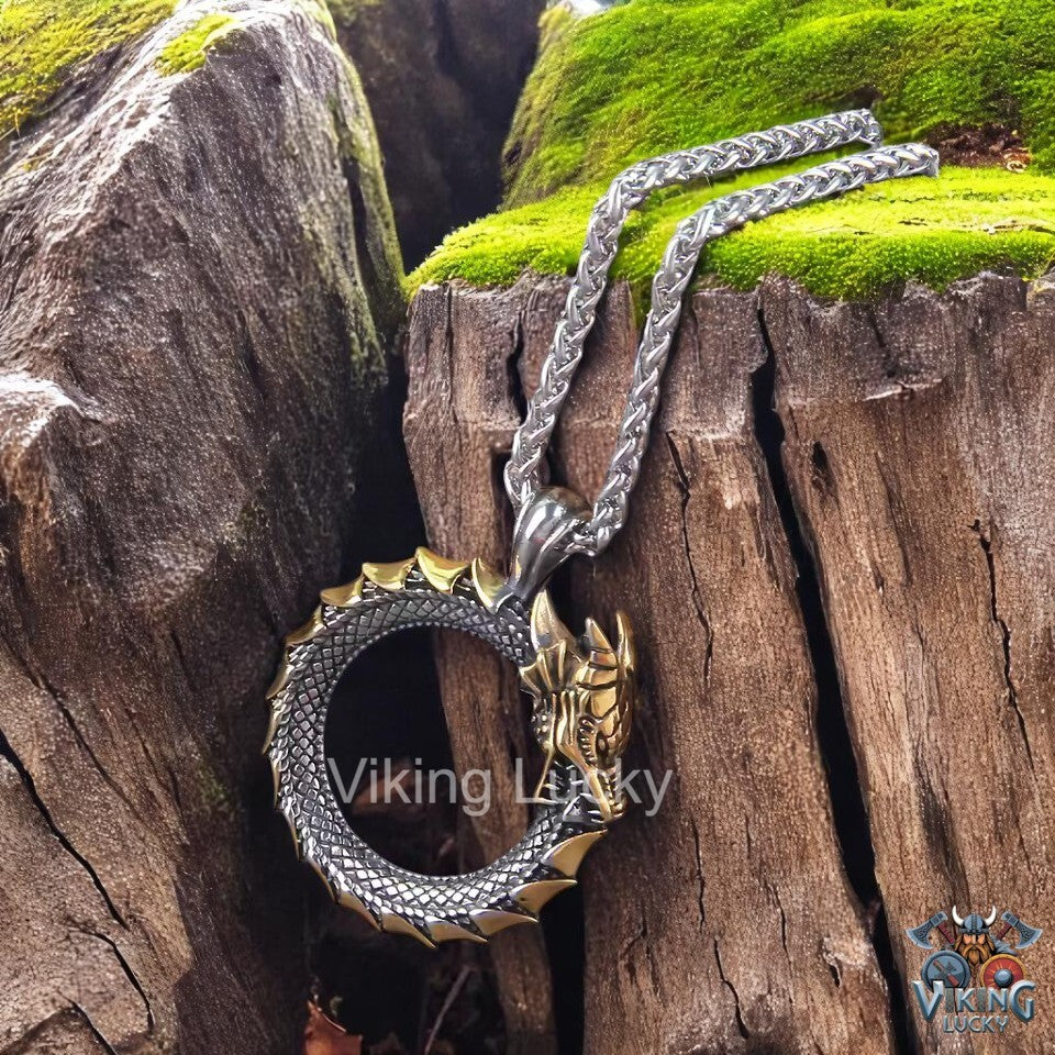 Viking Necklace with Circular Self Devouring Snake Pendant Mix Gold