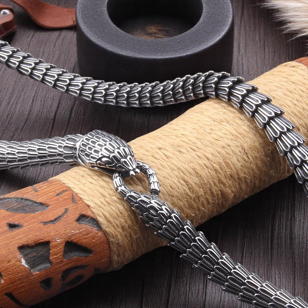 Viking Ouroboros Snake Chain Necklace Stainless Steel Norse Punk Jewelry for Men Close shot