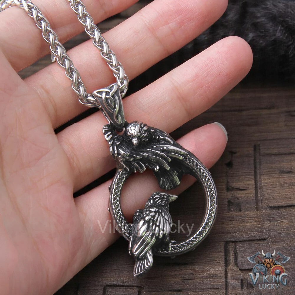 Viking Raven Necklace Odin Huginnand Muninn Stainless Steel Pendant for Men