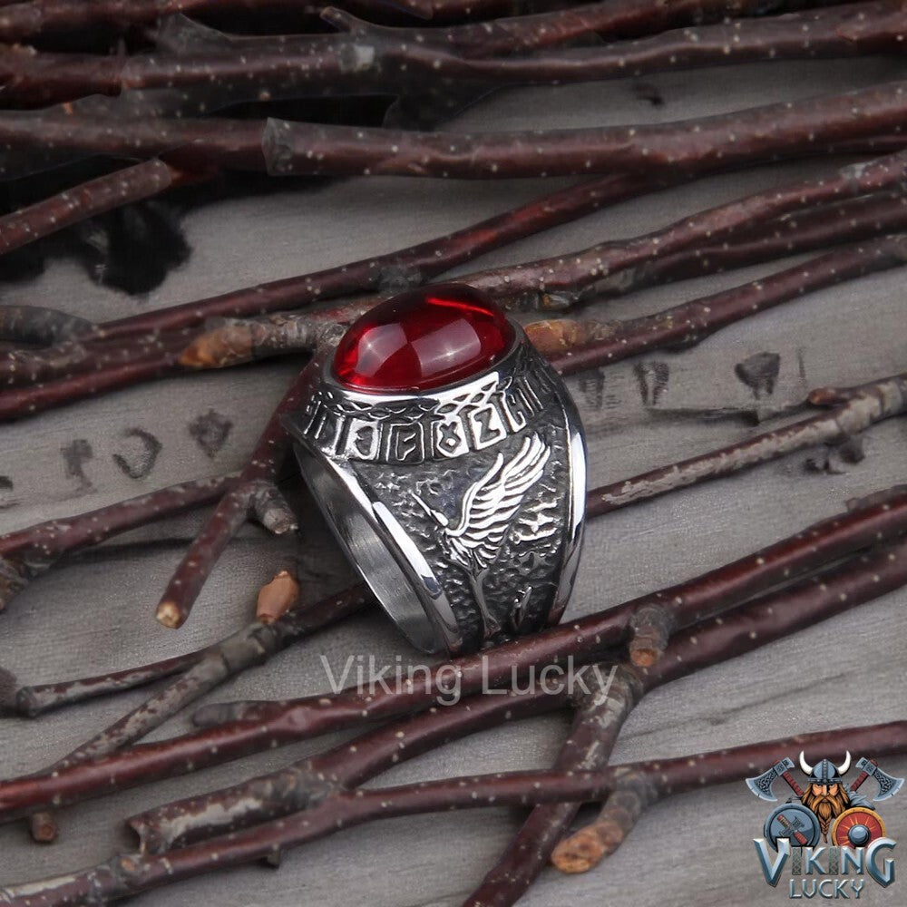 Viking Red Rune Wolf Ring with Norse carvings and red-eyed wolf head (8)