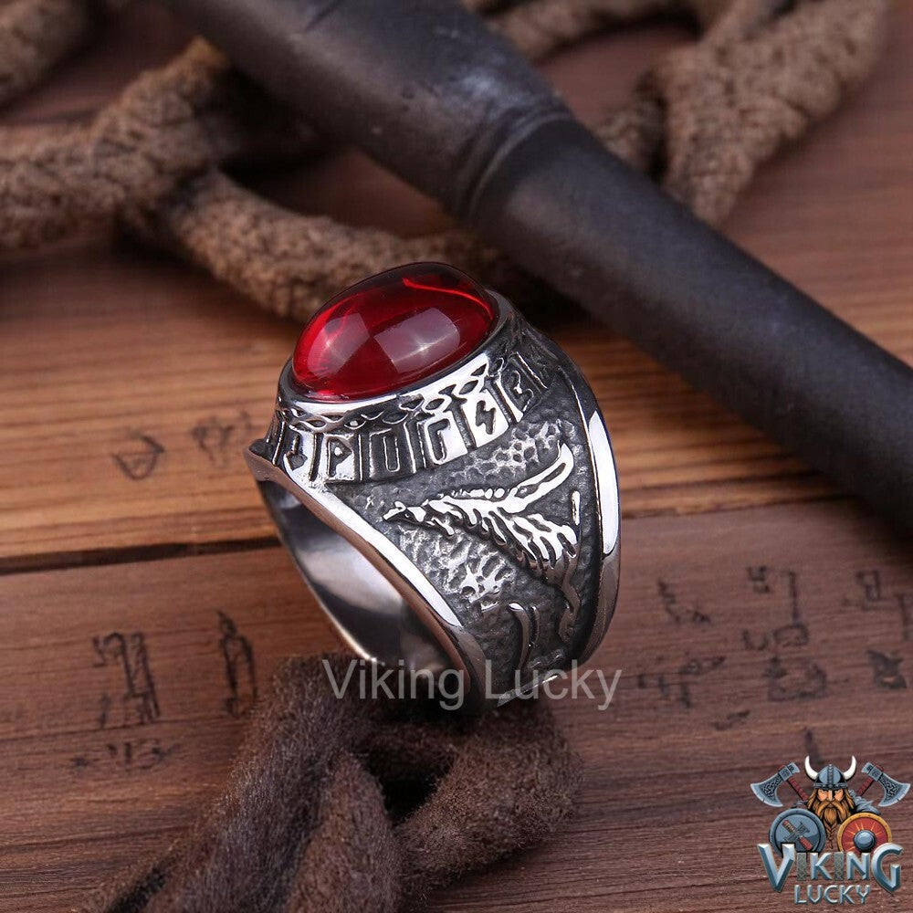 Viking Red Rune Wolf Ring with Norse carvings and red-eyed wolf head (9)