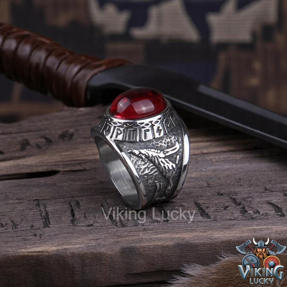 Viking Red Rune Wolf Ring with Norse carvings and red-eyed wolf head VikingLucky