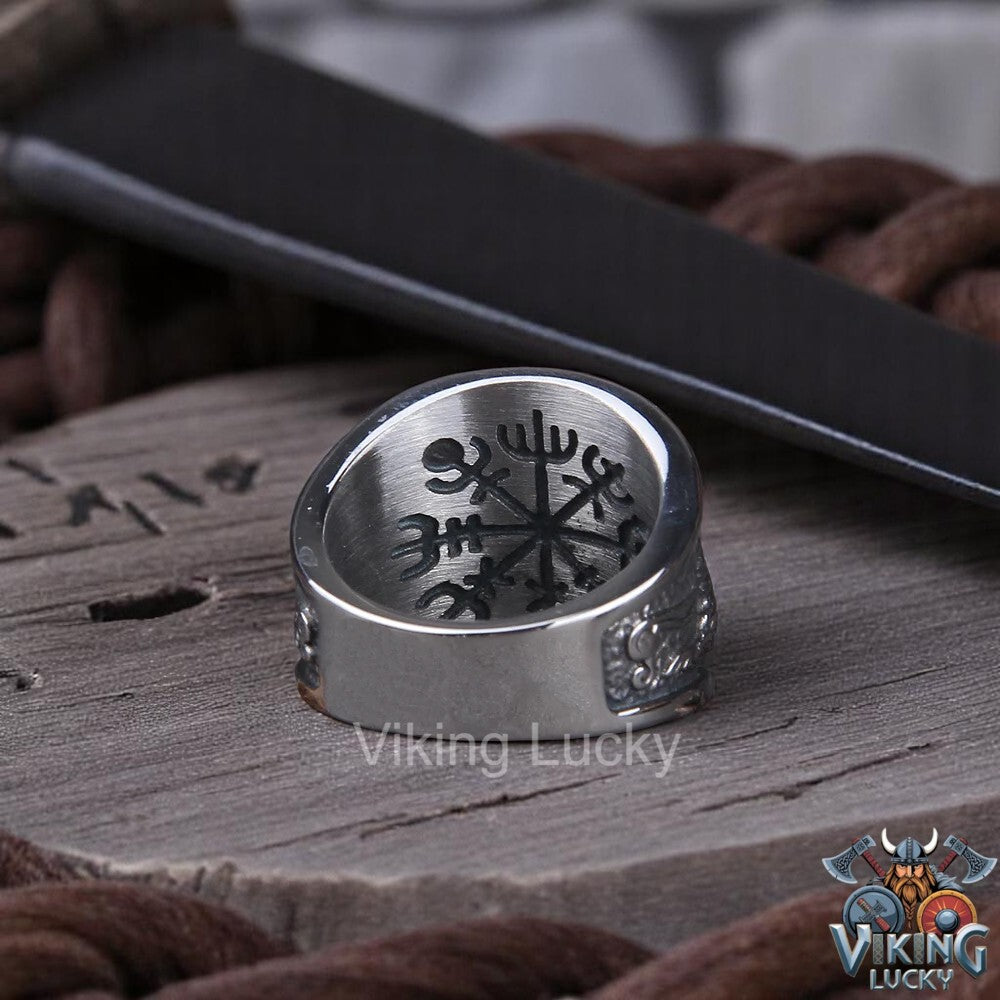 Viking Red Rune Wolf Ring with Norse carvings and red-eyed wolf head inner view