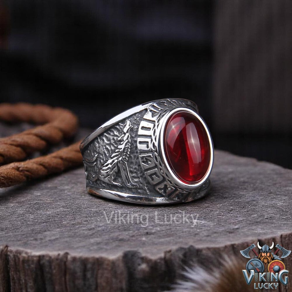 Viking Red Rune Wolf Ring with Norse carvings and red-eyed wolf head left side