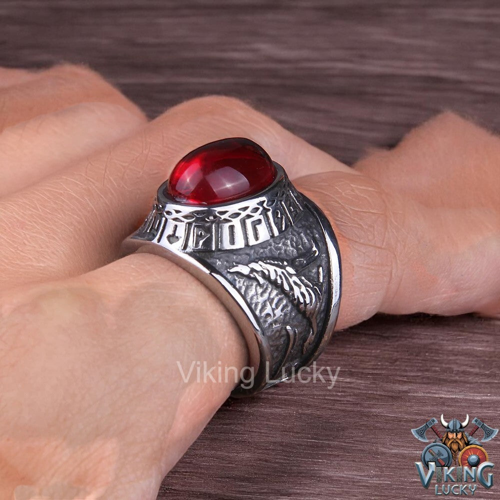 Viking Red Rune Wolf Ring with Norse carvings and red-eyed wolf head mock up 2