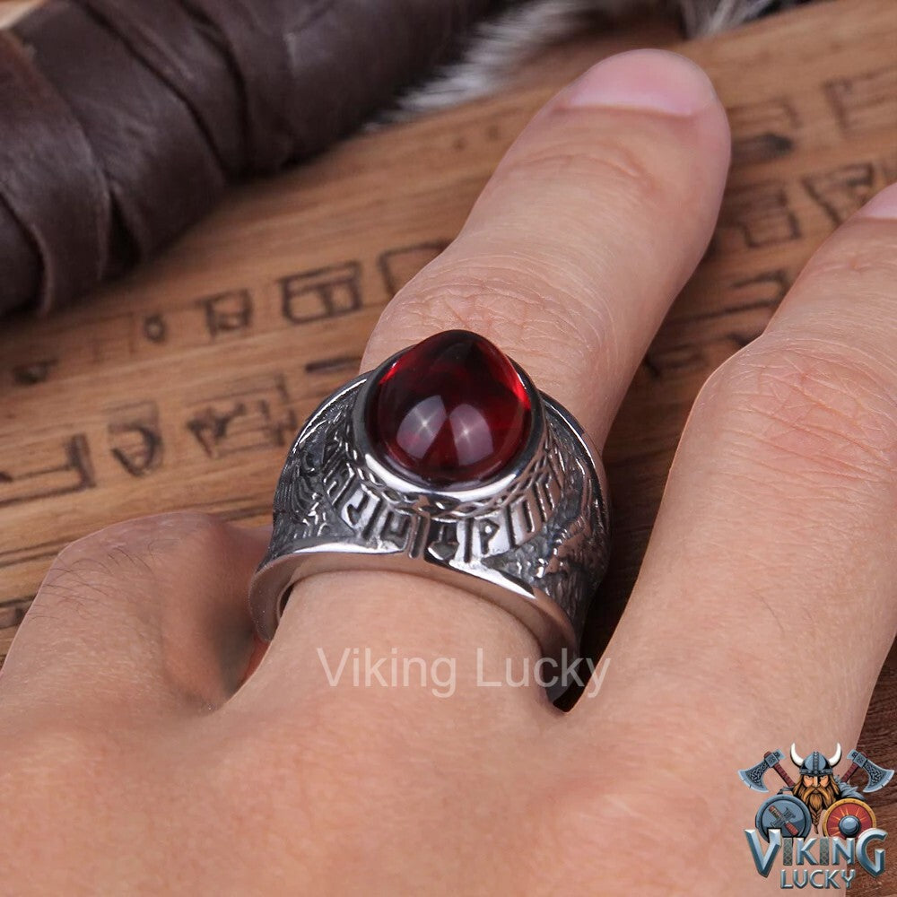 Viking Red Rune Wolf Ring with Norse carvings and red-eyed wolf head mock up 3