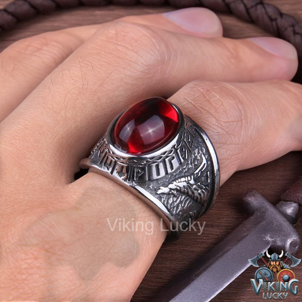 Viking-Red-Rune-Wolf-Ring-with-Norse-carvings-and-red-eyed-wolf-head Mock Up