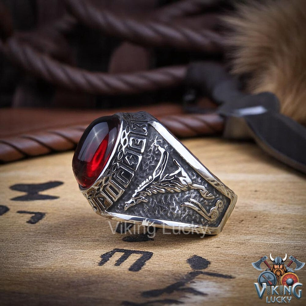 Viking Red Rune Wolf Ring with Norse carvings and red-eyed wolf head side shot