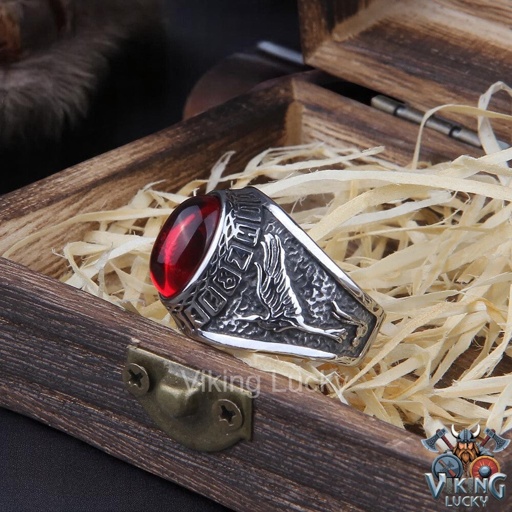 Viking Red Rune Wolf Ring with Norse carvings and red-eyed wolf head with wooden gift box