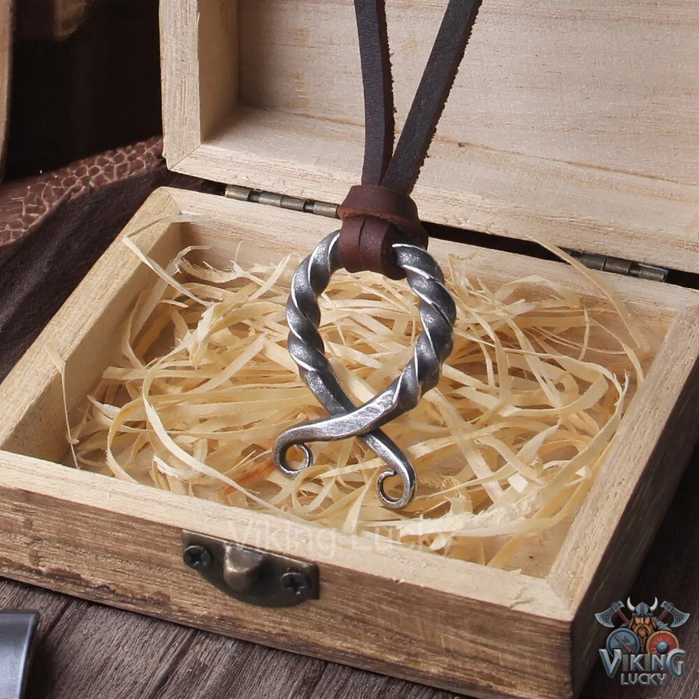 Viking Rune Pendant Necklace Iron Tone Stainless Steel with Leather Cord wooden giftbox