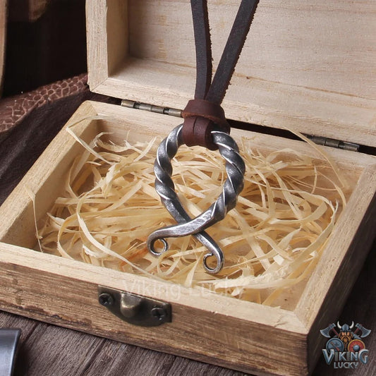 Viking Rune Pendant Necklace Iron Tone Stainless Steel with Leather Cord wooden giftbox