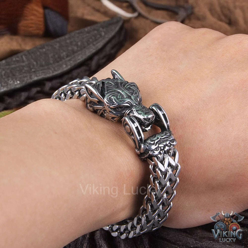 Viking Silver Wolf Head Bracelet