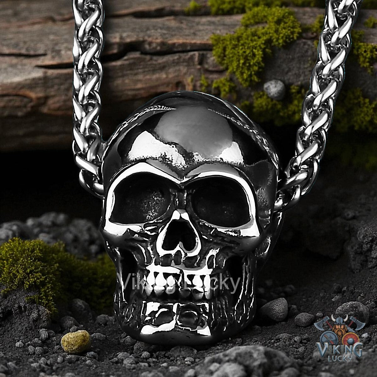 Silver skull pendant necklace on a rustic wooden background