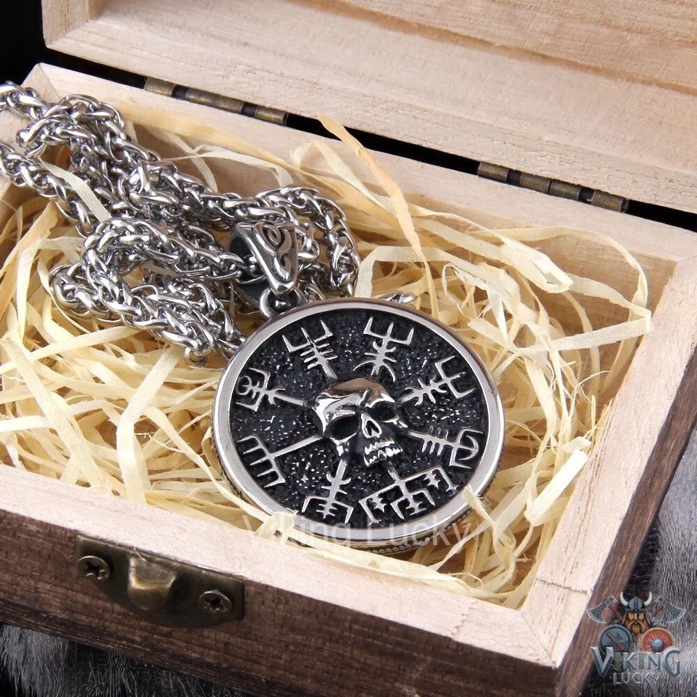 Viking Skull Vegvisir Rune Necklace – Stainless Steel Norse Amulet Pendant for Men