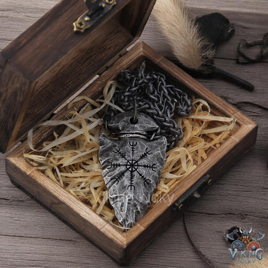 Viking Spearhead Necklace Helm of Awe Norse Rune Pendant with Stainless Steel Chain
