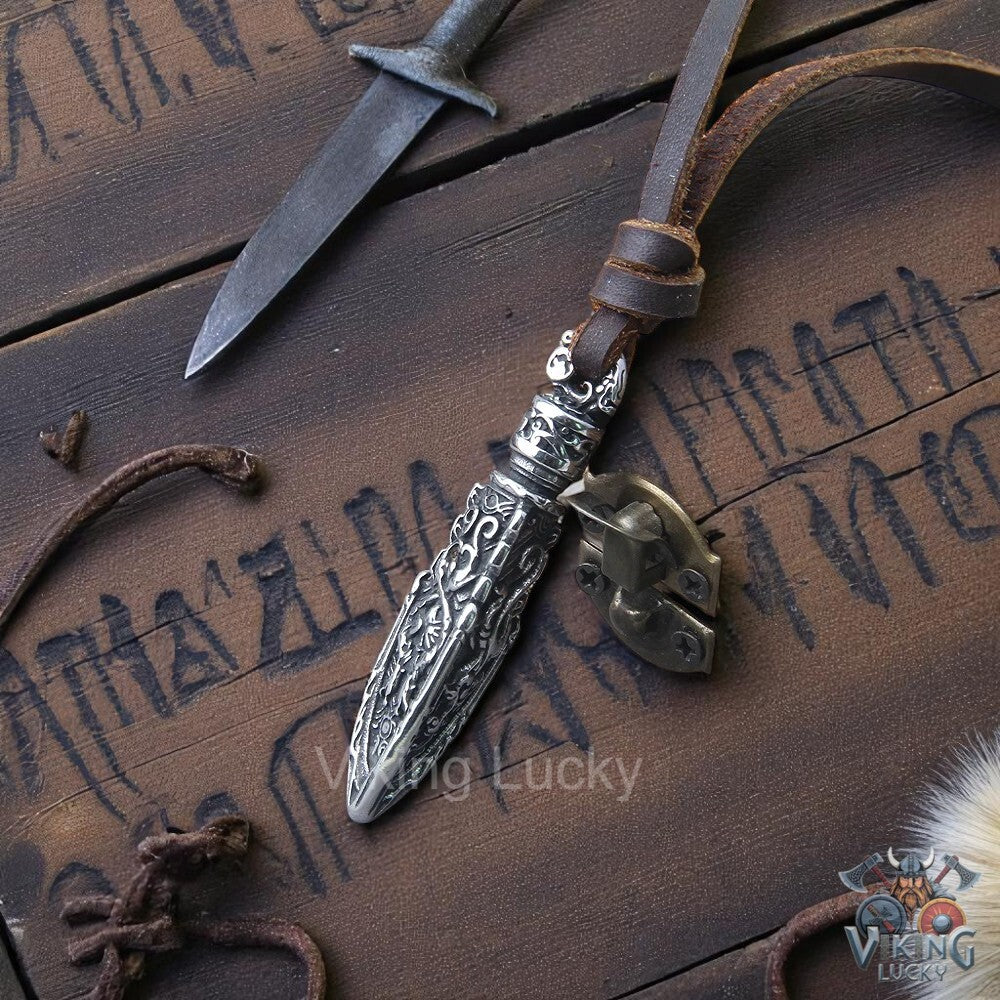 Viking Spearhead Pendant Necklace with Norse Runes on Brown Leather  Cord Box Close-Up Shoot