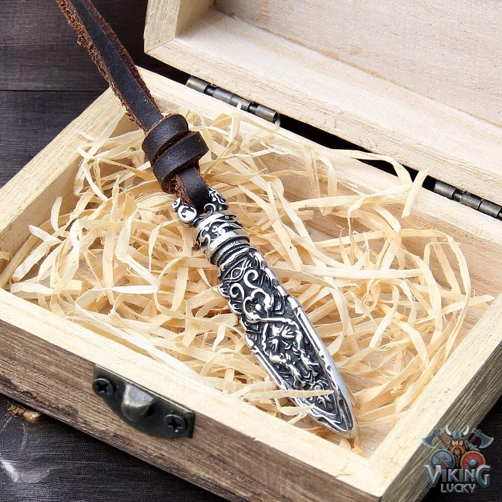 Viking Spearhead Pendant Necklace with Norse Runes on Brown Leather Cord VikingLucky