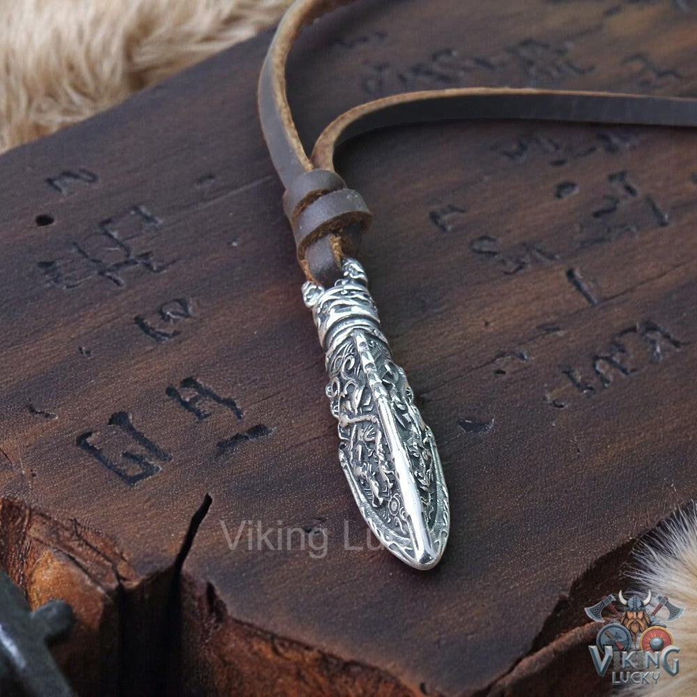 Viking Spearhead Pendant Necklace with Norse Runes on Brown Leather Cord detail shot