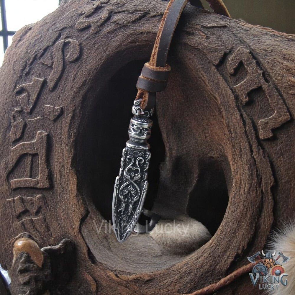 Viking Spearhead Pendant Necklace with Norse Runes on Brown Leather Cord Title Angel Shot