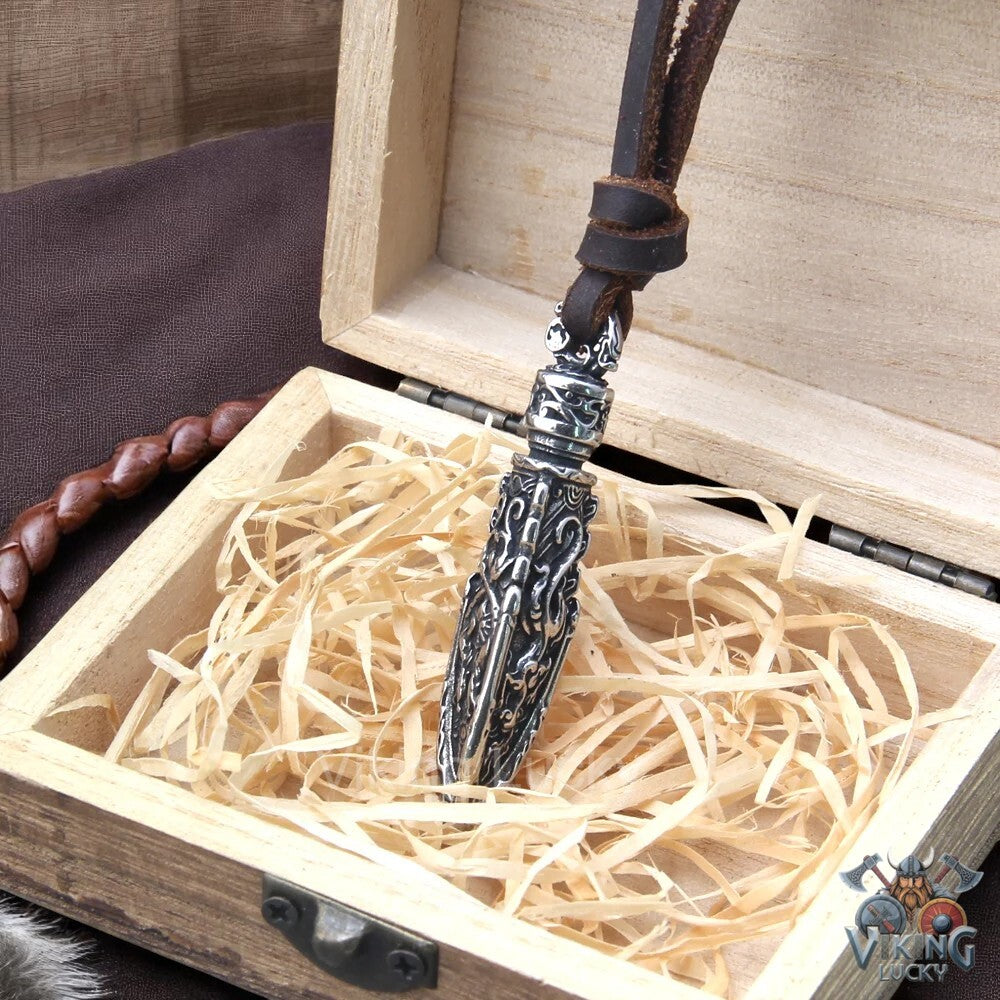 Viking Spearhead Pendant Necklace with Norse Runes on Brown Leather Cord Box with wooden gift box
