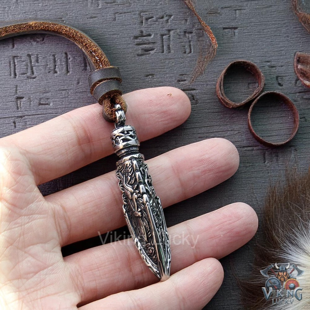 Viking Spearhead Pendant Necklace with Norse Runes on Brown Leather Cord Box