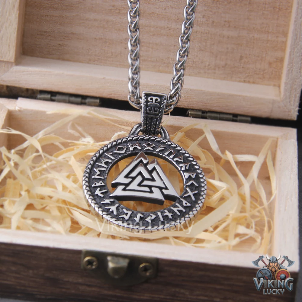 Viking Valknut Rune Necklace Norse Stainless Steel Pendant for Men- With wooden gift Box