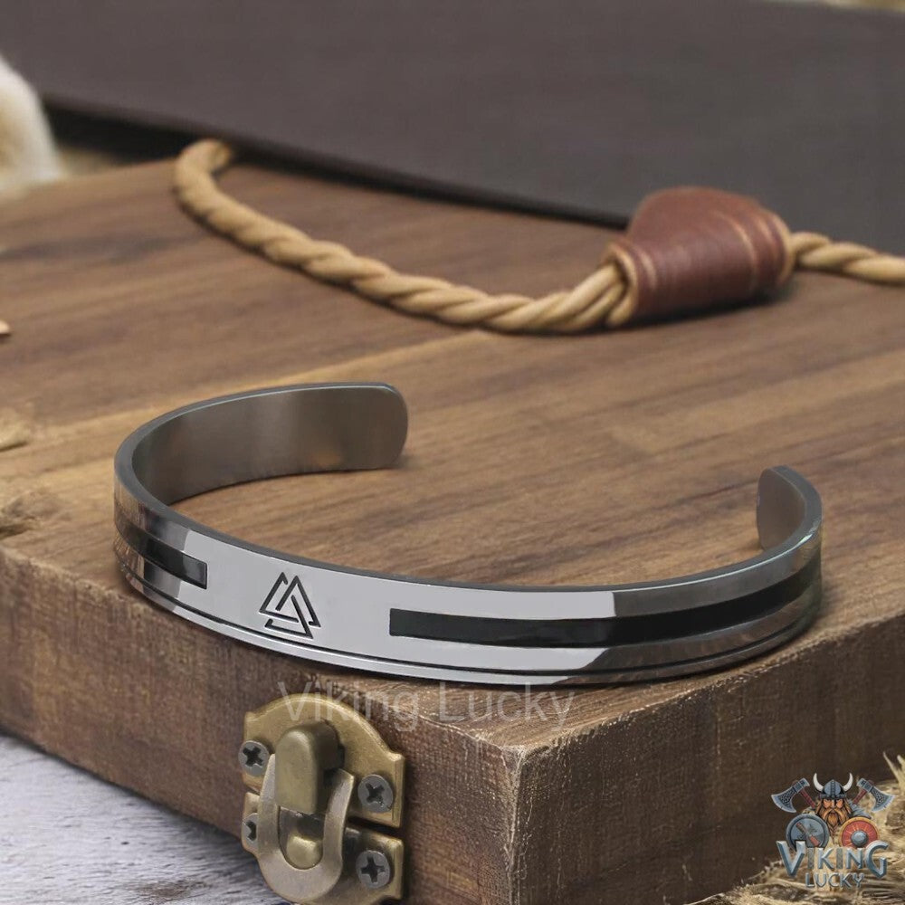 Viking Valknut stainless steel cuff bracelet Norse symbol angle tiled shot