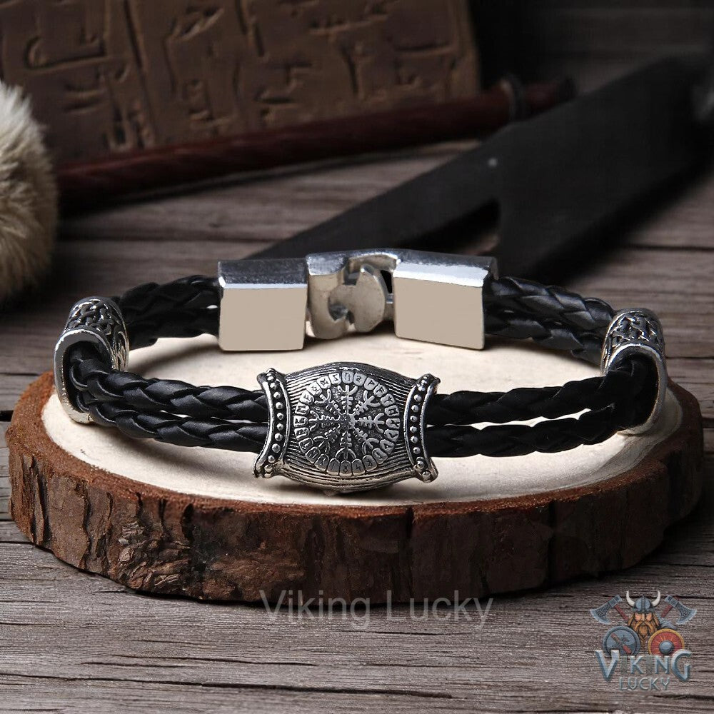 Viking Vegvisir Leather Bracelet – Norse Compass Amulet for Men and Women